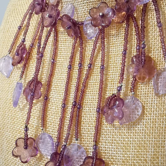 NWT purple lavender flower fringe choker necklace Czech bead - Picture 6 of 9